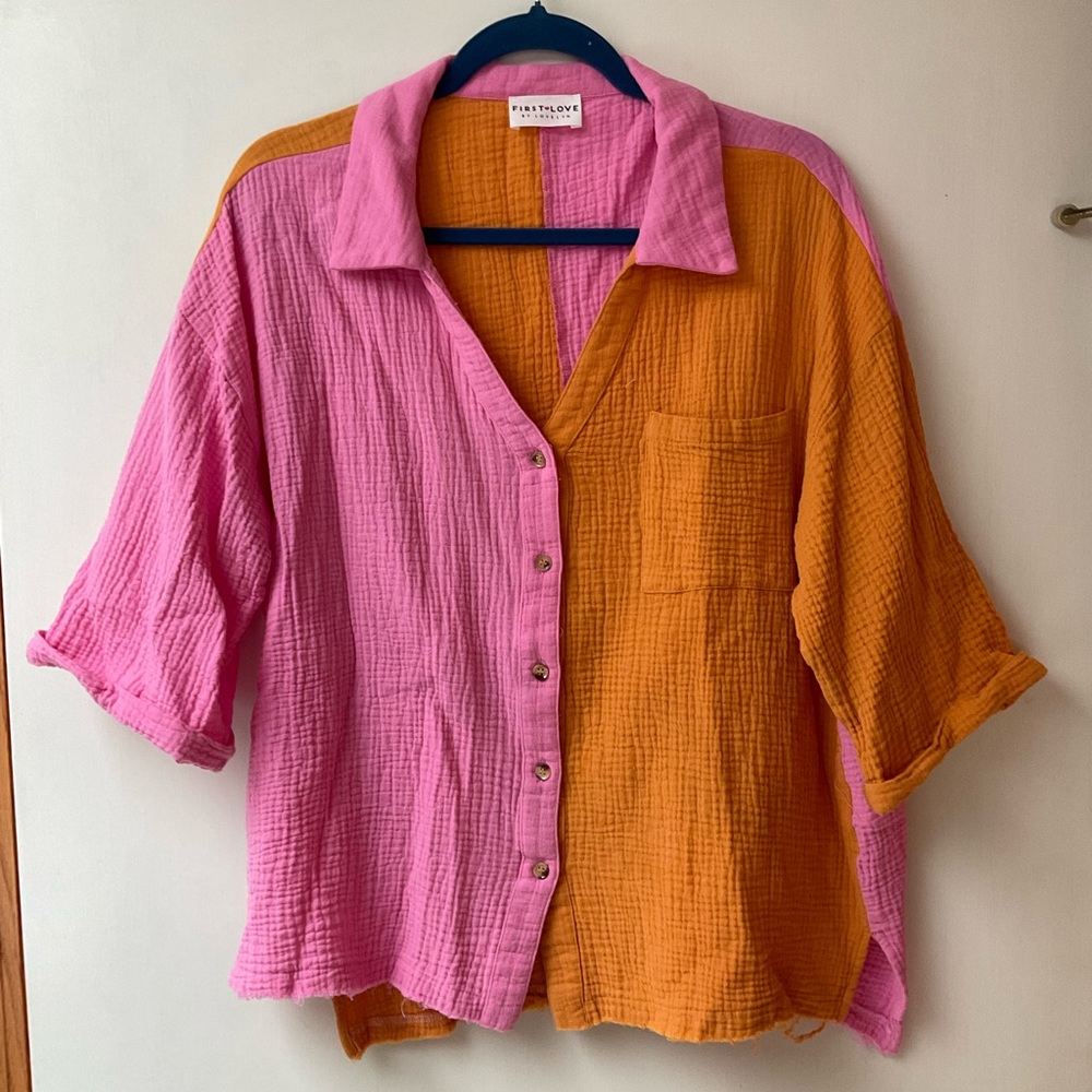 Patchwork Pink and Orange Button-Up Shirt